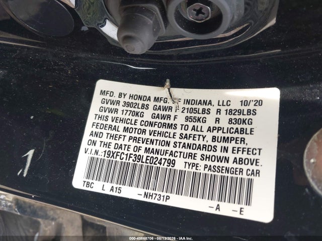 Aukcja sprzedaży 2020 Honda Civic Ex, vin: 19XFC1F39LE024799, numer aukcji: 45868706