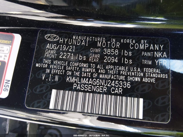 Продажа на аукционе авто 2022 Hyundai Elantra Sel, vin: KMHLM4AG6NU245336, номер лота: 45868721