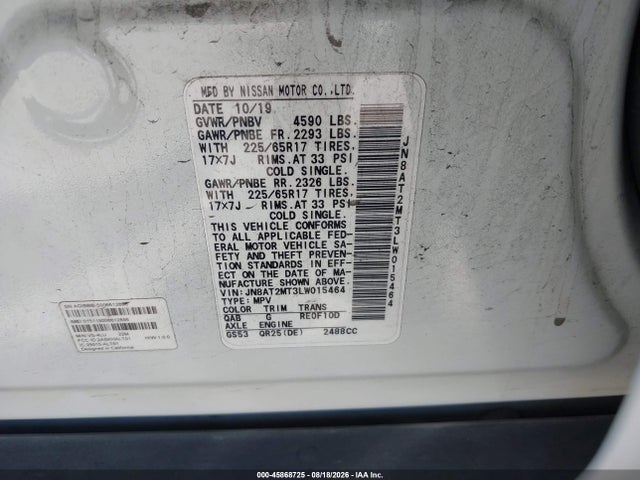 2020 Nissan Rogue Sv Fwd მანქანა იყიდება აუქციონზე, vin: JN8AT2MT3LW015464, აუქციონის ნომერი: 45868725