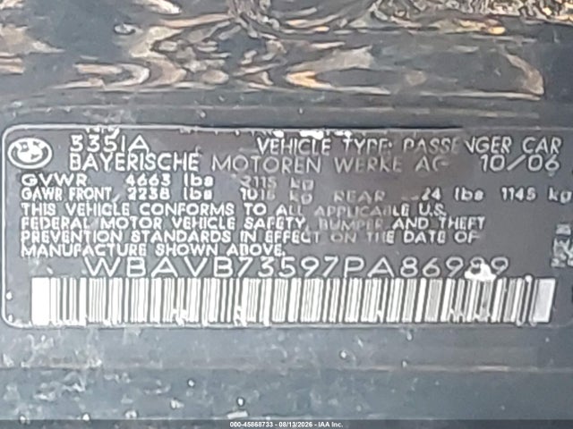 45868733 :رقم المزاد ، WBAVB73597PA86989 vin ، 2007 Bmw 335i مزاد بيع
