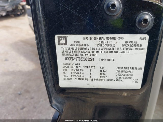 Продажа на аукционе авто 2003 Chevrolet Silverado 1500 Lt, vin: 1GCEC19T83Z308291, номер лота: 45868738