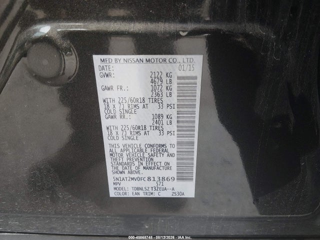 Продажа на аукционе авто 2015 Nissan Rogue Sl, vin: 5N1AT2MV0FC813869, номер лота: 45868748