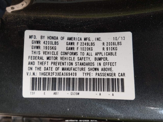 Honda ACCORD LX 2014 1HGCR2F3XEA069409 Image 9