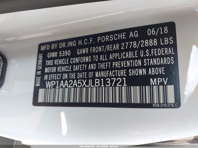 45868758 :رقم المزاد ، WP1AA2A5XJLB13721 vin ، 2018 Porsche Macan Sport Edition مزاد بيع