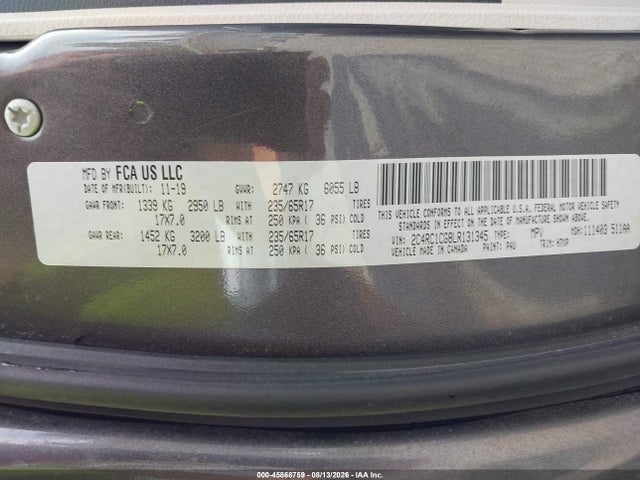 Aukcja sprzedaży 2020 Chrysler Voyager Lx, vin: 2C4RC1CG8LR131345, numer aukcji: 45868759