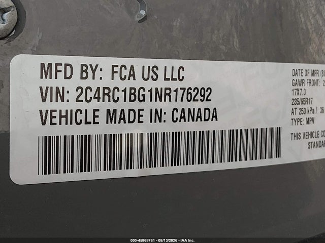 45868761 :رقم المزاد ، 2C4RC1BG1NR176292 vin ، 2022 Chrysler Pacifica Touring L مزاد بيع