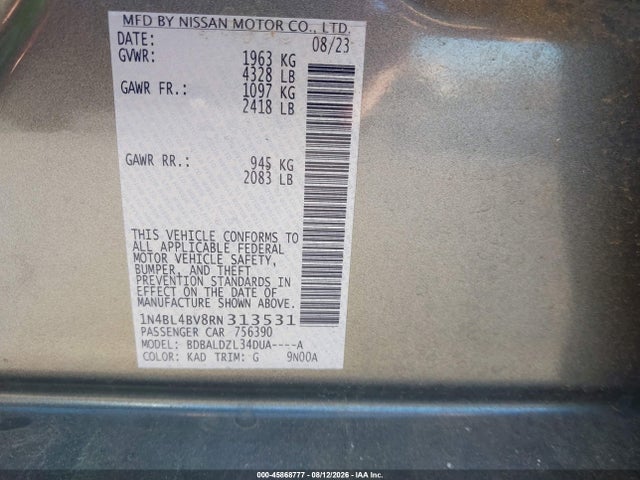 Продажа на аукционе авто 2024 Nissan Altima S Fwd, vin: 1N4BL4BV8RN313531, номер лота: 45868777