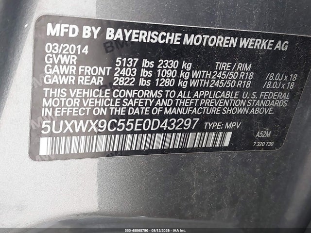 45868790 :رقم المزاد ، 5UXWX9C55E0D43297 vin ، 2014 Bmw X3 Xdrive28i مزاد بيع
