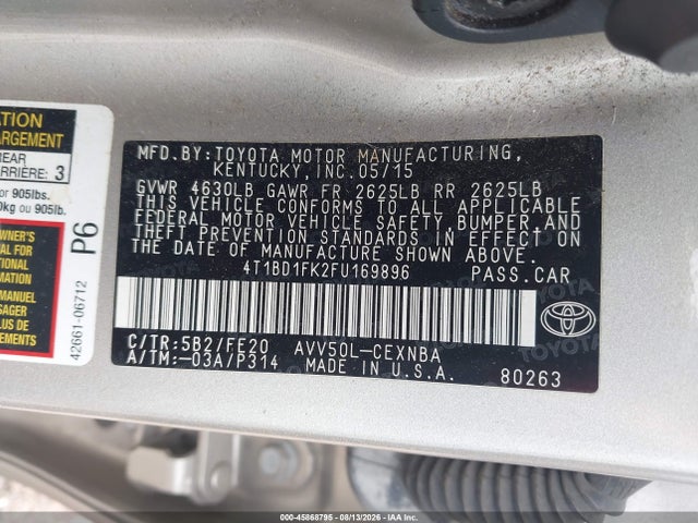 2015 Toyota Camry Hybrid Le მანქანა იყიდება აუქციონზე, vin: 4T1BD1FK2FU169896, აუქციონის ნომერი: 45868795