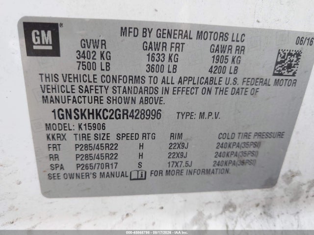 45868798 :رقم المزاد ، 1GNSKHKC2GR428996 vin ، 2016 Chevrolet Suburban Lt مزاد بيع