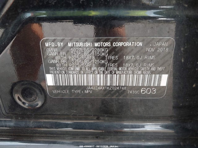 45868817 :رقم المزاد ، JA4JZ4AX1KZ024748 vin ، 2019 Mitsubishi Outlander Gt مزاد بيع