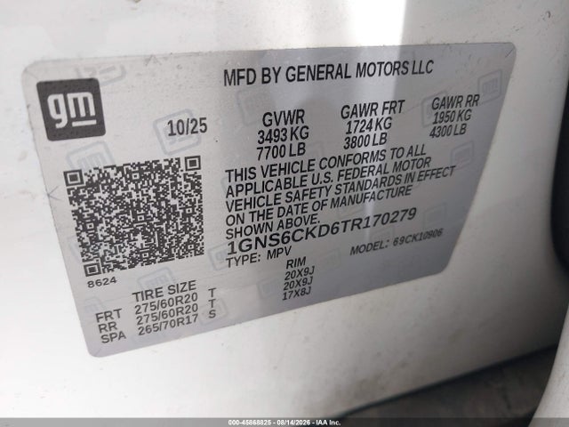 Aukcja sprzedaży 2026 Chevrolet Suburban Lt, 4wd, vin: 1GNS6CKD6TR170279, numer aukcji: 45868825
