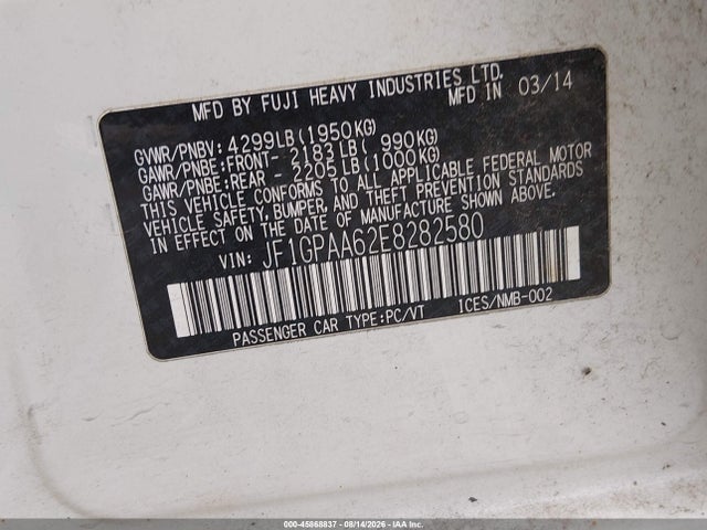 2014 Subaru Impreza 2.0i მანქანა იყიდება აუქციონზე, vin: JF1GPAA62E8282580, აუქციონის ნომერი: 45868837