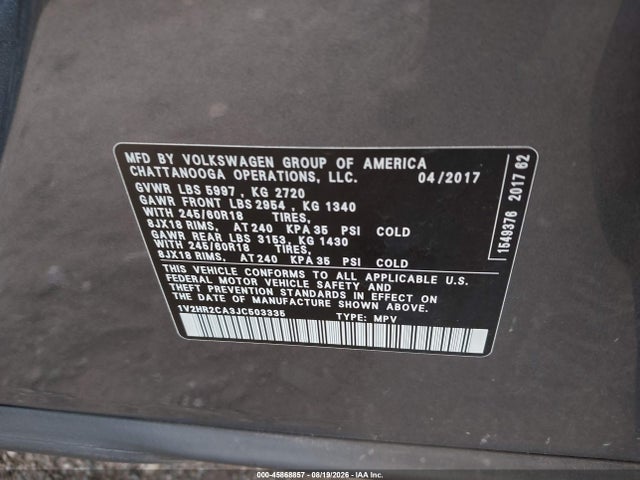 2018 Volkswagen Atlas 3.6l V6 Launch Edition მანქანა იყიდება აუქციონზე, vin: 1V2HR2CA3JC503335, აუქციონის ნომერი: 45868857