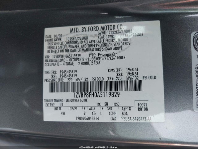 Продаж на аукціоні авто 2010 Ford Mustang Gt/gt Premium, vin: 1ZVBP8FH0A5119829, номер лоту: 45868861