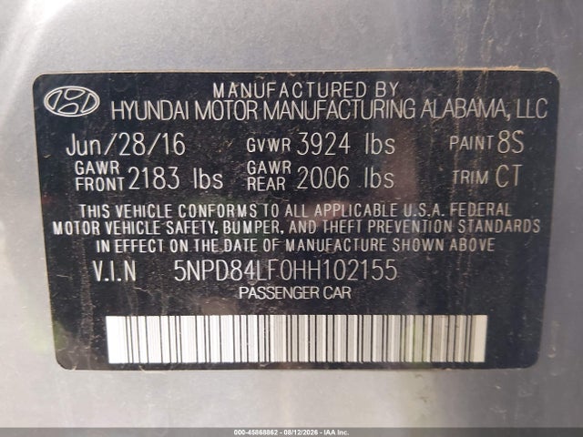 Продаж на аукціоні авто 2017 Hyundai Elantra Limited, vin: 5NPD84LF0HH102155, номер лоту: 45868862