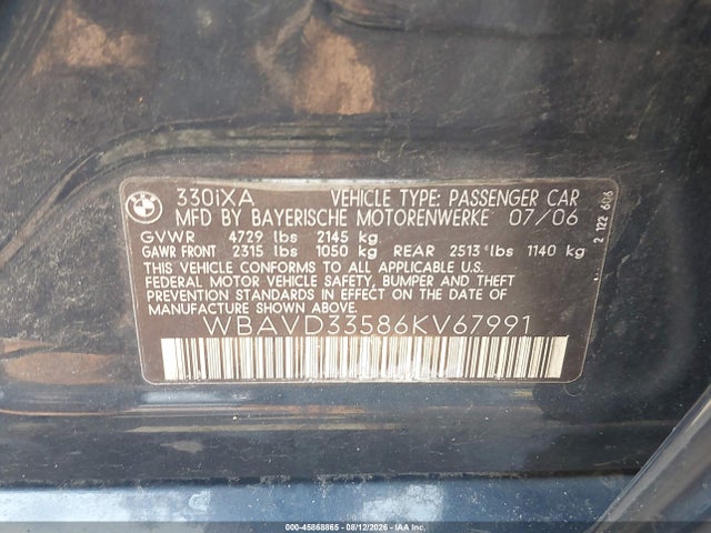 45868865 :رقم المزاد ، WBAVD33586KV67991 vin ، 2006 Bmw 330xi مزاد بيع