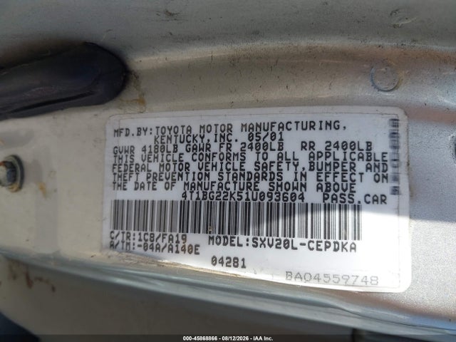Aukcja sprzedaży 2001 Toyota Camry Ce, vin: 4T1BG22K51U093604, numer aukcji: 45868866
