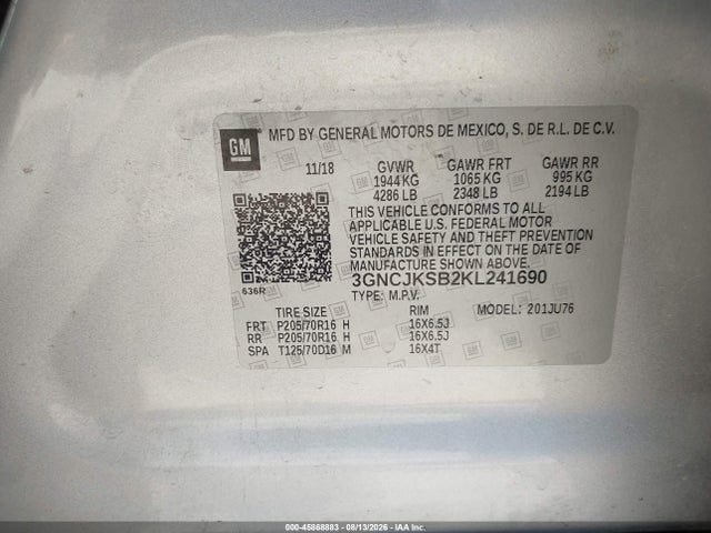 Auction sale of the 2019 Chevrolet Trax Ls, vin: 3GNCJKSB2KL241690, lot number: 45868883