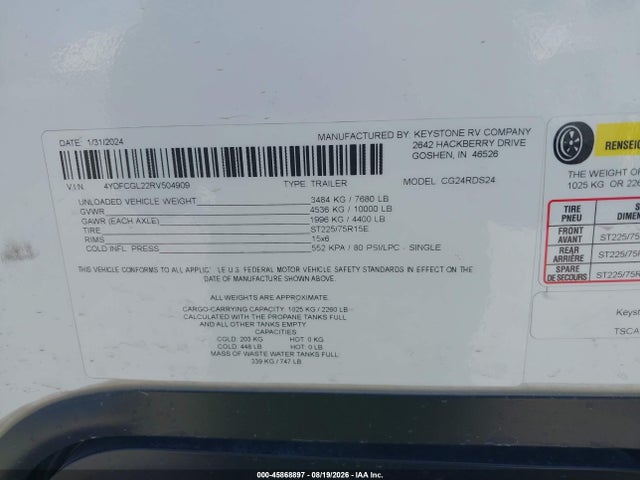 Продажа на аукционе авто 2024 Keystone 24rds, vin: 4YDFCGL22RV504909, номер лота: 45868897
