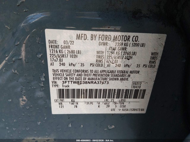 Продаж на аукціоні авто 2022 Ford Maverick Xlt, vin: 3FTTW8E38NRA37673, номер лоту: 45868903