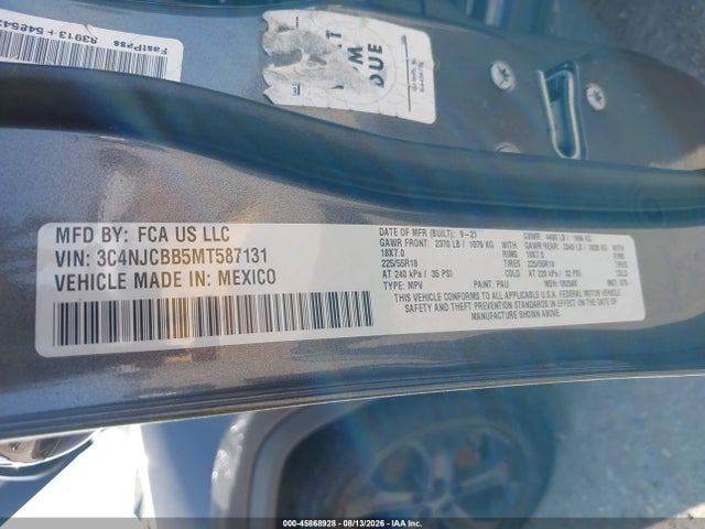 2021 Jeep Compass Altitude Fwd მანქანა იყიდება აუქციონზე, vin: 3C4NJCBB5MT587131, აუქციონის ნომერი: 45868928