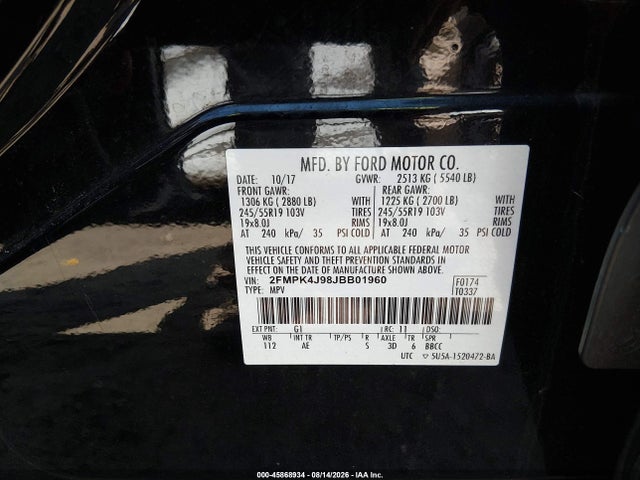 45868934 :رقم المزاد ، 2FMPK4J98JBB01960 vin ، 2018 Ford Edge Sel مزاد بيع