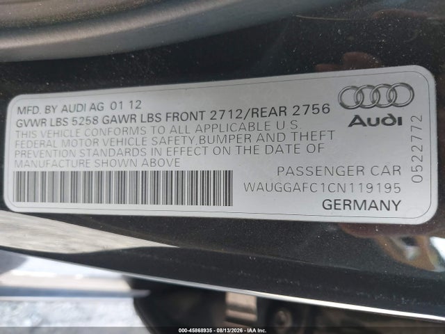 Продажа на аукционе авто 2012 Audi A6 3.0t Premium Plus, vin: WAUGGAFC1CN119195, номер лота: 45868935