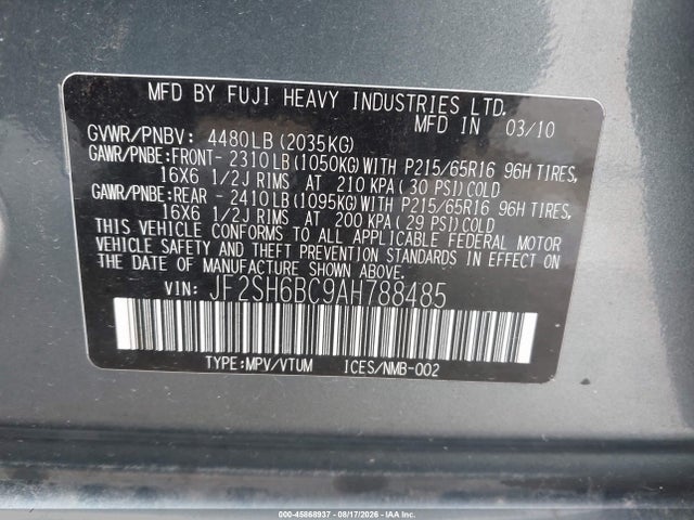 Продаж на аукціоні авто 2010 Subaru Forester 2.5x, vin: JF2SH6BC9AH788485, номер лоту: 45868937