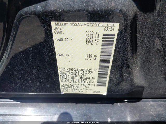 Продаж на аукціоні авто 2014 Nissan Altima 2.5 S, vin: 1N4AL3AP7EN365025, номер лоту: 45868938