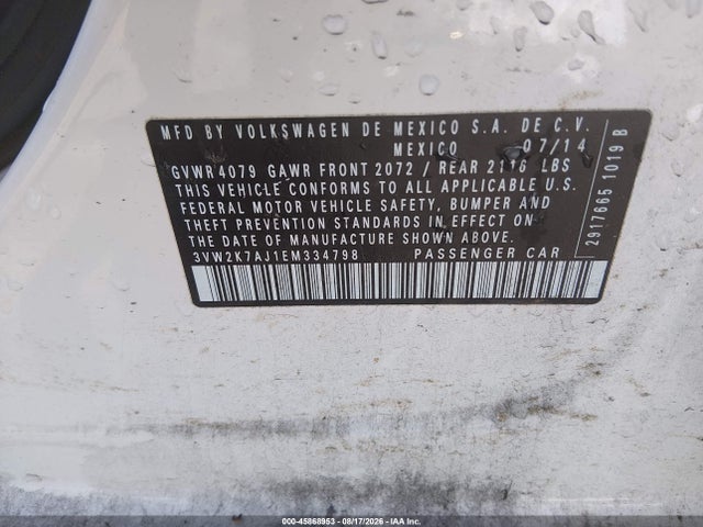 Aukcja sprzedaży 2014 Volkswagen Jetta 2.0l S, vin: 3VW2K7AJ1EM334798, numer aukcji: 45868953
