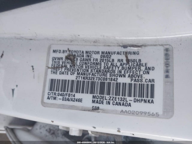 2003 Toyota Matrix Xr მანქანა იყიდება აუქციონზე, vin: 2T1KR32E73C081842, აუქციონის ნომერი: 45868958