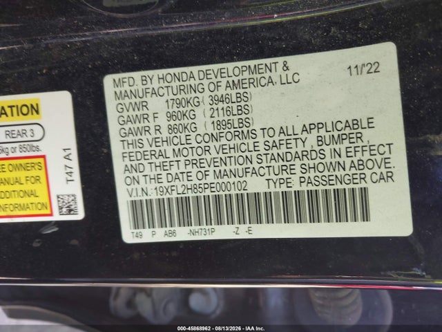 Продажа на аукционе авто 2023 Honda Civic Sport, vin: 19XFL2H85PE000102, номер лота: 45868962