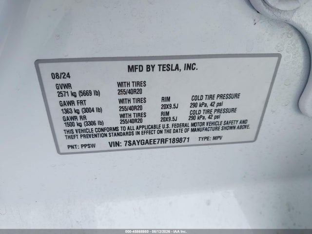 Auction sale of the 2024 Tesla Model Y Long Range Dual Motor All-wheel Drive, vin: 7SAYGAEE7RF189871, lot number: 45868980