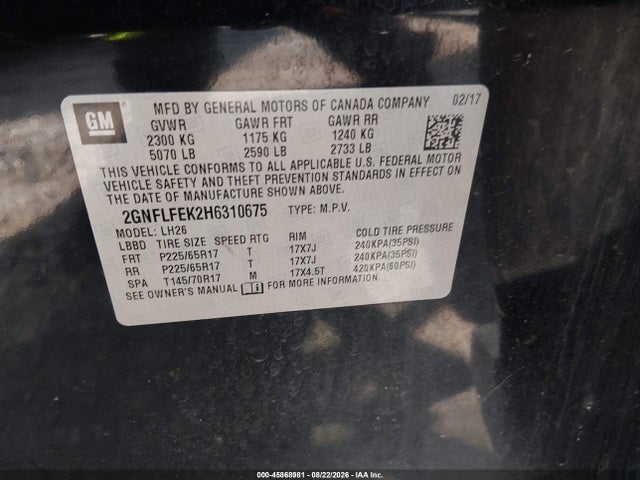 45868981 :رقم المزاد ، 2GNFLFEK2H6310675 vin ، 2017 Chevrolet Equinox Lt مزاد بيع