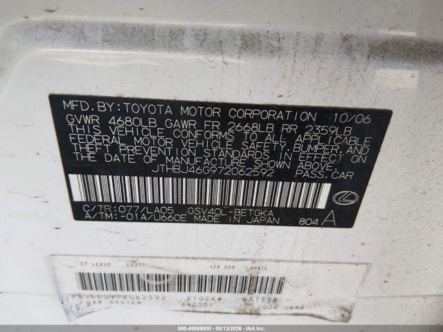 2007 Lexus Es 350 მანქანა იყიდება აუქციონზე, vin: JTHBJ46G972062592, აუქციონის ნომერი: 45869000
