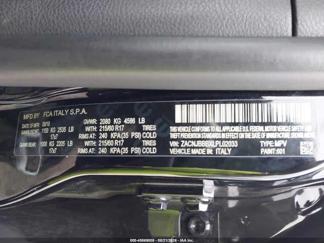 Aukcja sprzedaży 2020 Jeep Renegade Latitude 4x4, vin: ZACNJBBBXLPL02033, numer aukcji: 45869008