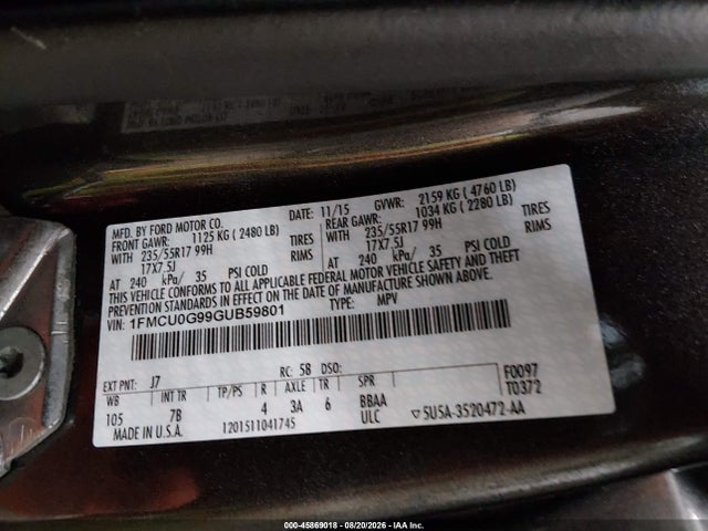 Продаж на аукціоні авто 2016 Ford Escape Se, vin: 1FMCU0G99GUB59801, номер лоту: 45869018