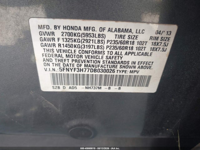45869019 :رقم المزاد ، 5FNYF3H77DB030026 vin ، 2013 Honda Pilot Ex-l مزاد بيع