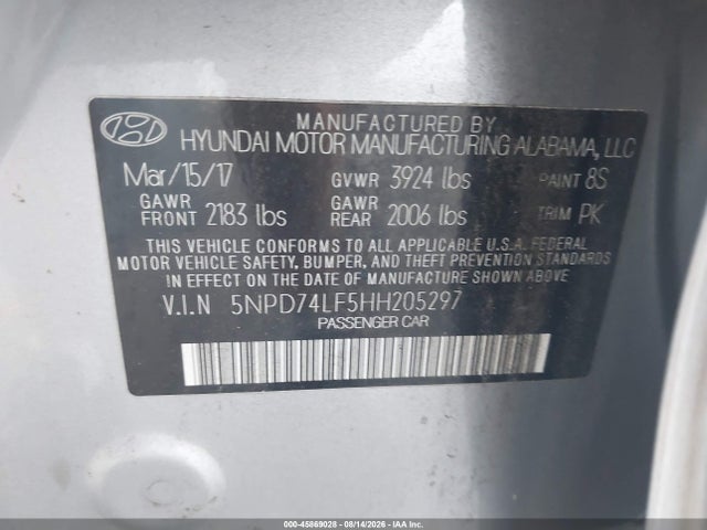 2017 Hyundai Elantra Se მანქანა იყიდება აუქციონზე, vin: 5NPD74LF5HH205297, აუქციონის ნომერი: 45869028