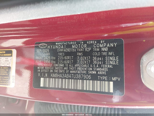 Aukcja sprzedaży 2026 Hyundai Kona Se, vin: KM8HA3AB4TU387906, numer aukcji: 45869050