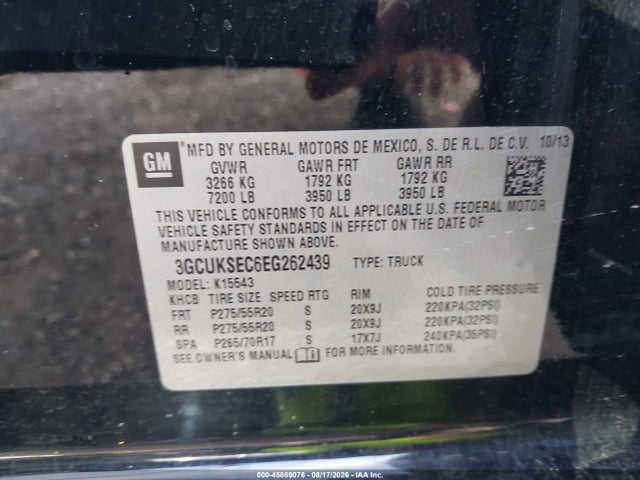 Продажа на аукционе авто 2014 Chevrolet Silverado 1500 Ltz, vin: 3GCUKSEC6EG262439, номер лота: 45869076