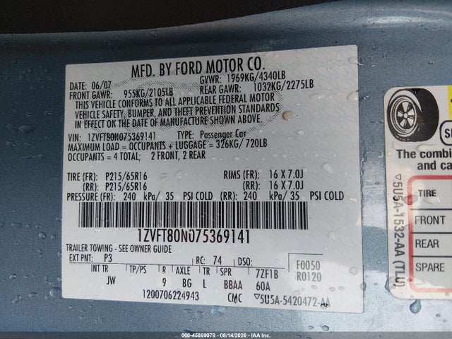 Продаж на аукціоні авто 2007 Ford Mustang V6 Deluxe/v6 Premium, vin: 1ZVFT80N075369141, номер лоту: 45869078