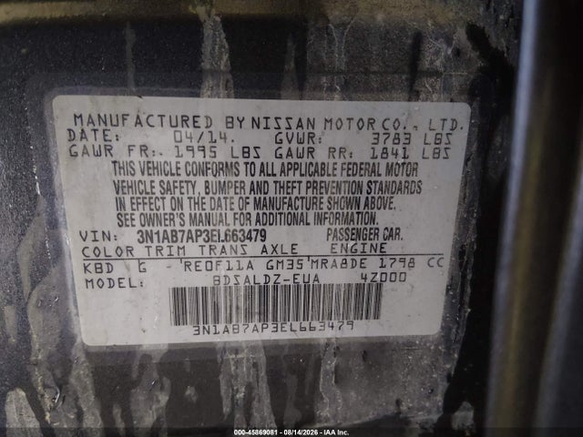 3N1AB7AP3EL663479 Nissan Sentra Fe+ S/fe+ Sv/s/sl/sr/sv