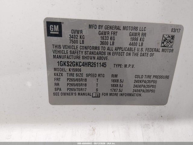 45869082 :رقم المزاد ، 1GKS2GKC4HR261145 vin ، 2017 Gmc Yukon Xl Slt مزاد بيع