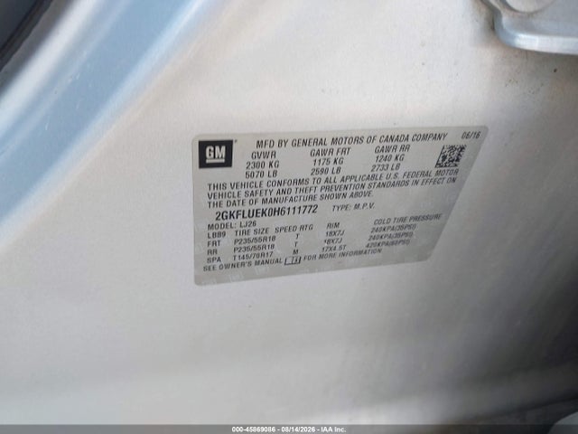 45869086 :رقم المزاد ، 2GKFLUEK0H6111772 vin ، 2017 Gmc Terrain Slt مزاد بيع