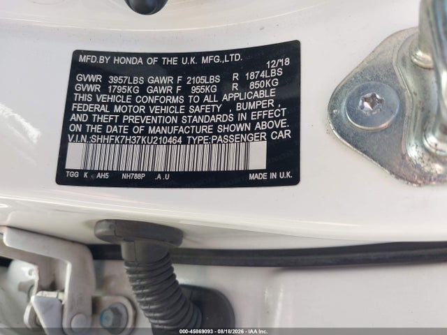 Aukcja sprzedaży 2019 Honda Civic Lx, vin: SHHFK7H37KU210464, numer aukcji: 45869093