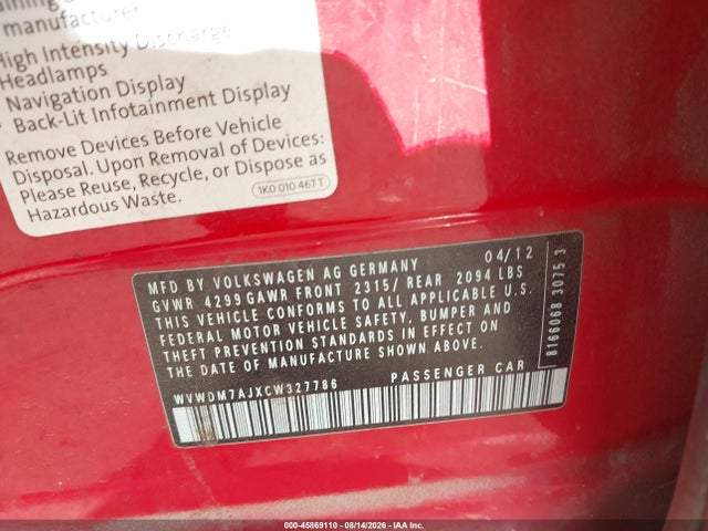 Aukcja sprzedaży 2012 Volkswagen Golf Tdi 4-door, vin: WVWDM7AJXCW327786, numer aukcji: 45869110