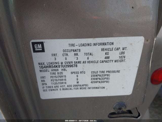 Продаж на аукціоні авто 2001 Buick Lesabre Limited, vin: 1G4HR54K81U299678, номер лоту: 45869111