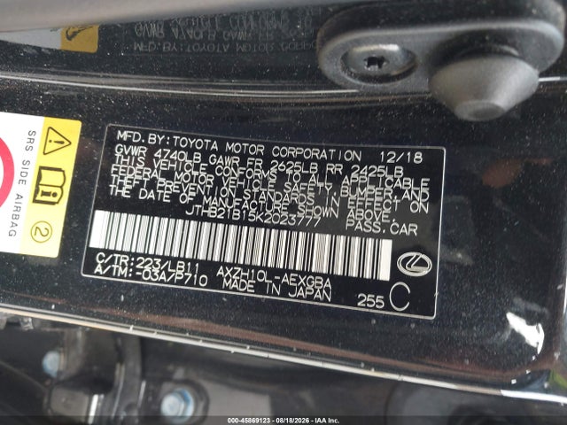 45869123 :رقم المزاد ، JTHB21B15K2023777 vin ، 2019 Lexus Es 300h Luxury مزاد بيع